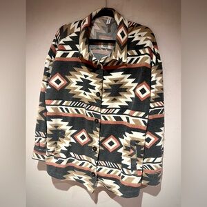Zenana Southwestern Button-Up Shirt in Black & Rust Aztec Shacket 2X